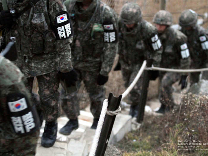 A lot of the DMZ is patrolled by the Korean Marine Corps, or the ROKMC.