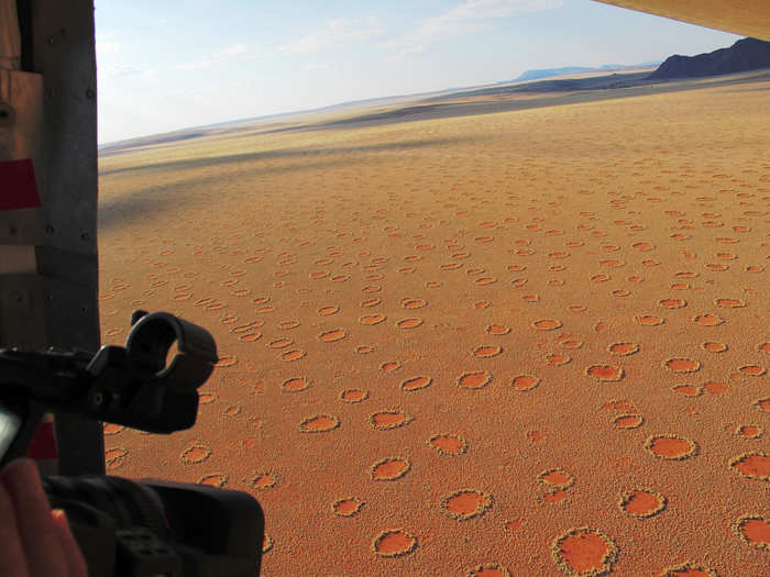 A shot out of the open door of a plane shows fully developed “adult” fairy circles with a  few newly established “babies” developing in the space between the old ones.