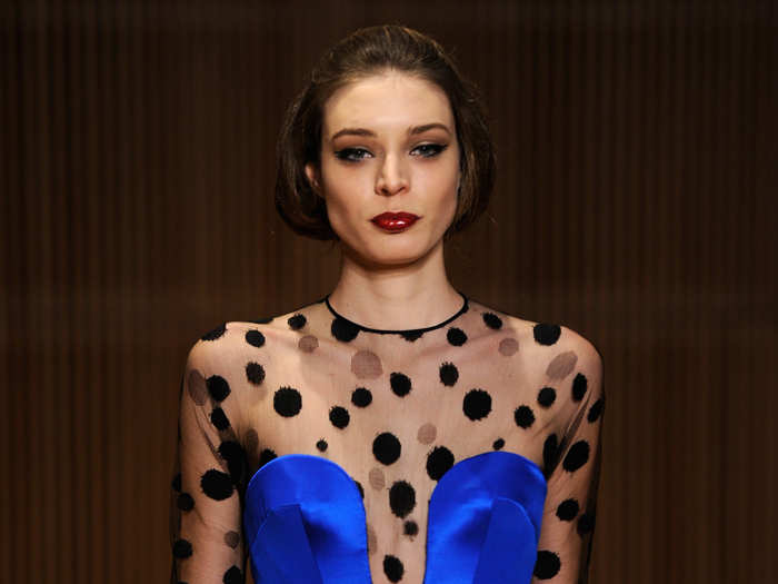 The Douglas Hannant fall 2013 was full of romantic whimsical looks like this striking cobalt and sheer dress.