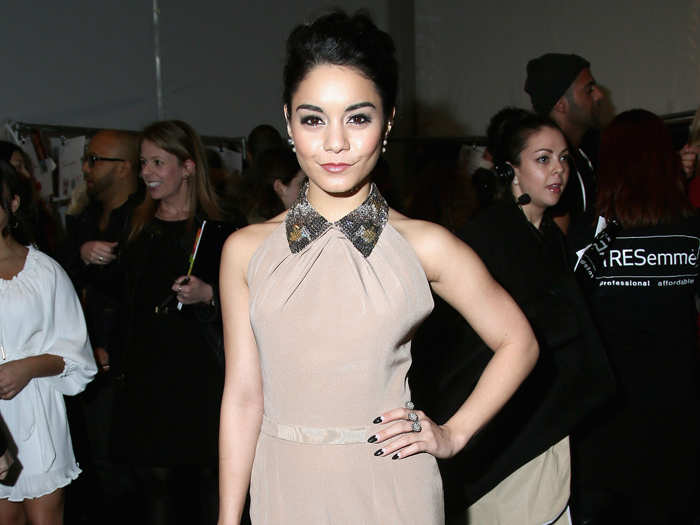 Vanessa Hudgens looked polished at the Jenny Packham runway show during Mercedes-Benz fashion week in New York.