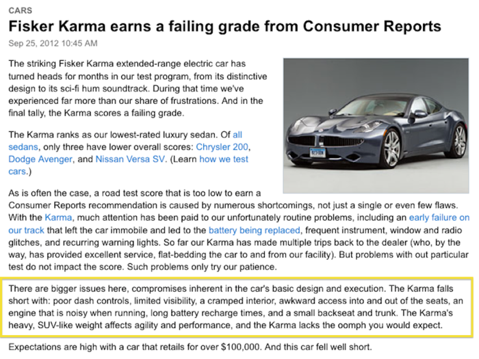 A month later, the luxury car was slammed by Consumer Reports, which gave it a "failing grade" in one of the most brutal car reviews we