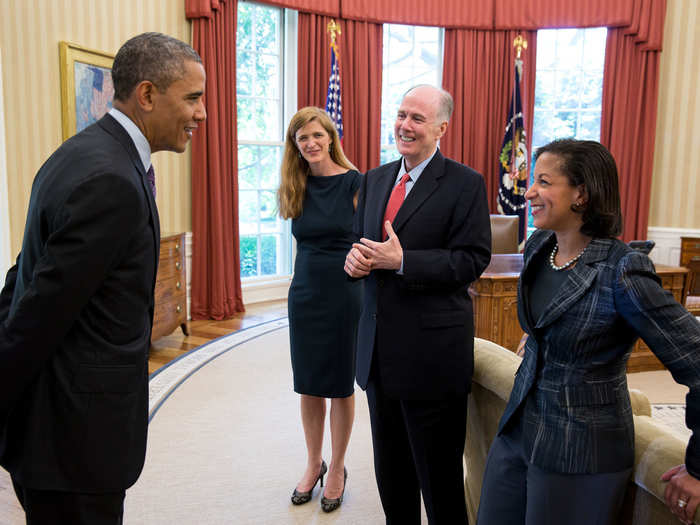 Obama talks with, from left: Samantha Power, former Senior Director for Multilateral Affairs and Human Rights; National Security Advisor Tom Donilon; and Susan Rice, the National Security Adviser.