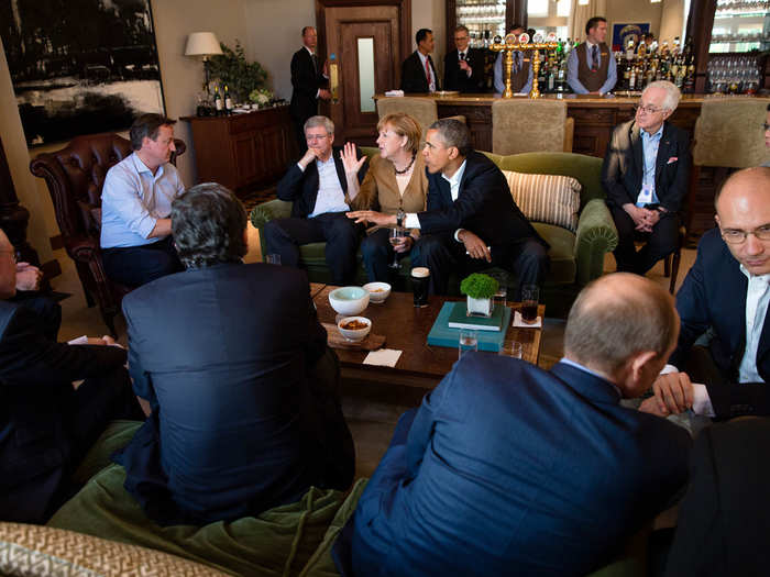 Obama talks with G8 leaders before a working dinner during the G8 Summit. Seated on his left are German Chancellor Angela Merkel, Canadian Prime Minister Stephen Harper, British Prime Minister David Cameron. On his right, in the front of the photo, are Russian President Vladimir Putin and Italian Prime Minister Enrico Letta.