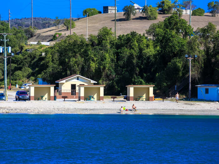 The ride to the main part of the base is about 30 minutes, and the ferry docks here next to this public beach.