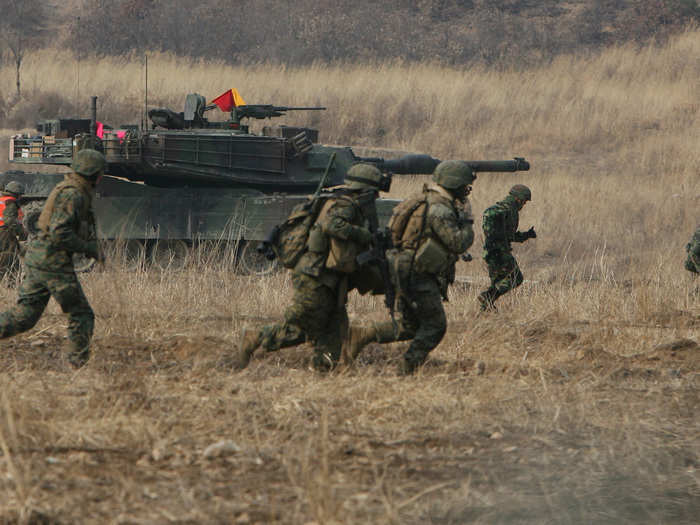 The gear and Marines move up to the mountains, where Foal Eagle kicks off, between 10 and 15 miles from the Demilitarized Zone. This is where I was. This is the party.