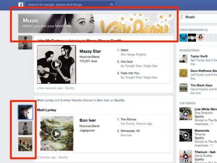This is the "Music" feed. I like how Facebook chose a cover image based on the music I like. Also, check out the new way Facebook shows that multiple users "Like" something
