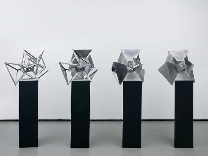 "Perimeter Studies" (Icosahedron; 2012) by artist Conrad Shawcross is made of four aluminum sculptures that are 50 x 50 x 50 cm each. The sculptures, which seem to reference science, will show at the Armory Show in New York.