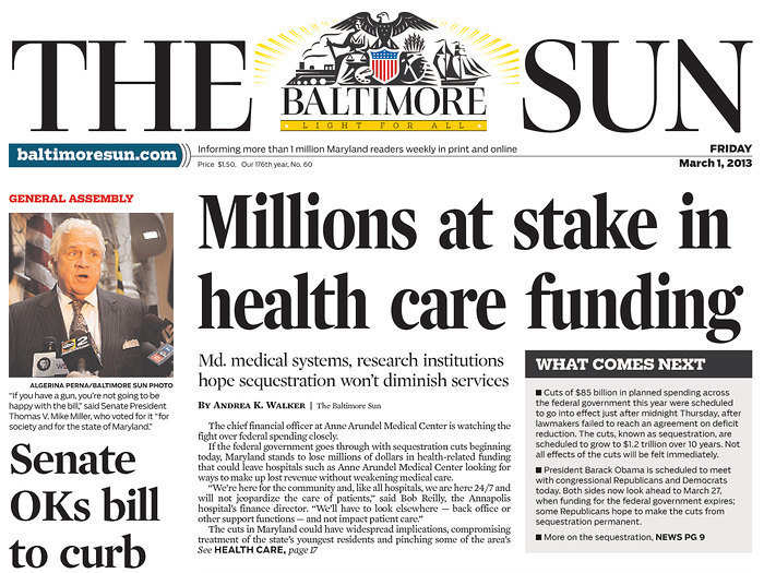 The Baltimore Sun warns of "millions at stake" in health care funding in Maryland, including $1.5 billion in cuts to the National Institutes of Health.