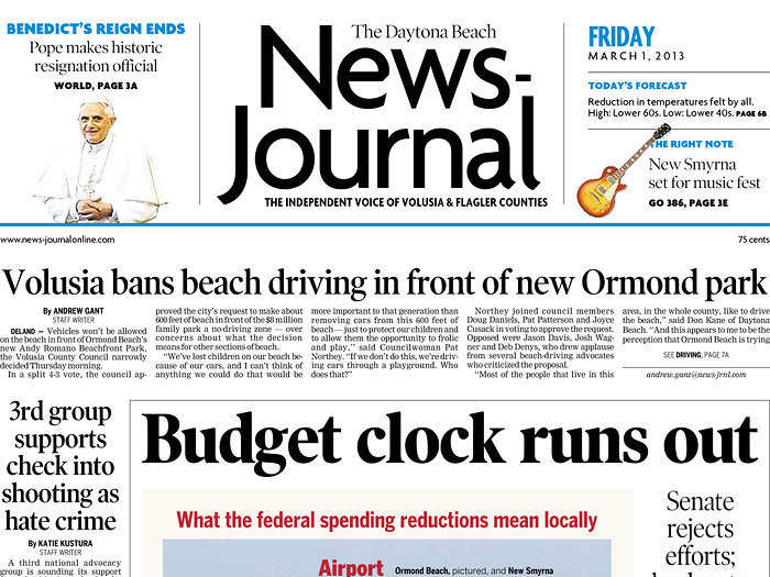 The Daytona Beach News Journal warned of the effects the sequester would have on local airports, schools, and national parks.