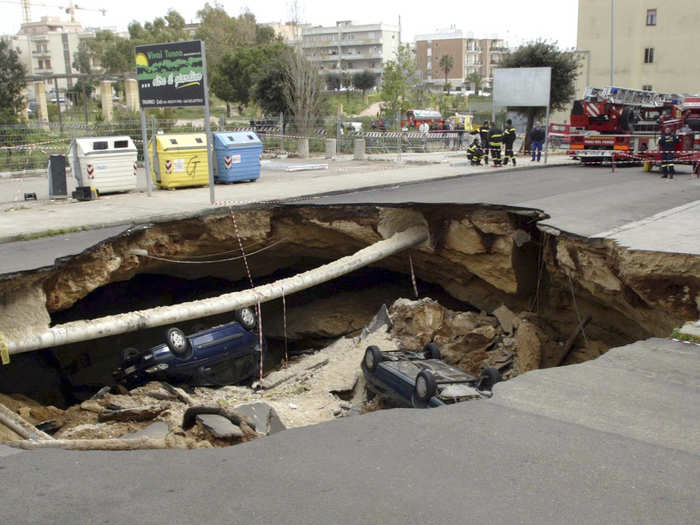 In March 2007 a road collapsed into an underground cave system in the southern Italian town of Gallipoli.