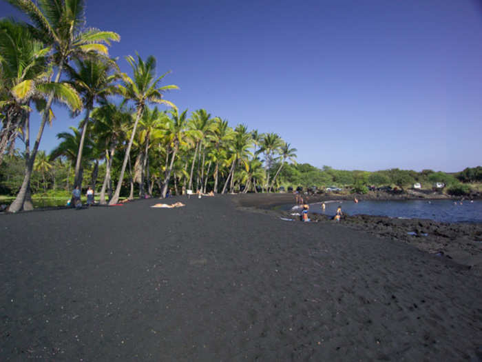 There are white, black, green and red sand beaches. Black sand beaches consist of tiny fragments of lava.