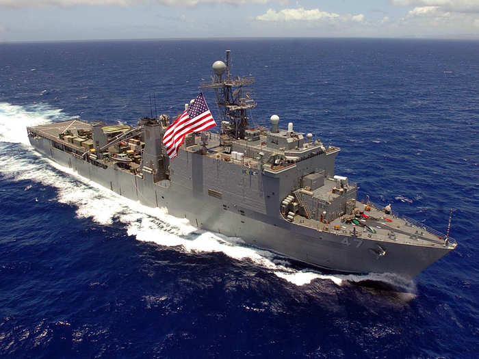 The USS Rushmore (LSD-47) delivers landing craft and vehicles and helps repair small ships at sea.