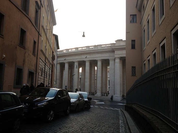 As we approach the actual Vatican City, you can see big columns.