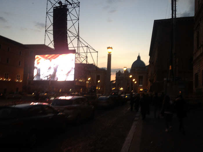 As you walk way down the street away from the Vatican there are still huge monitors set up, so that people can see the action on a packed day.