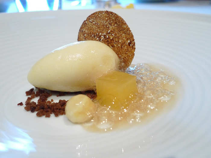 To clean the palette, diners ate the Maui Gold pineapple sorbet with spiced gingerbread and bananas. This course was called the "Dark and Stormy."