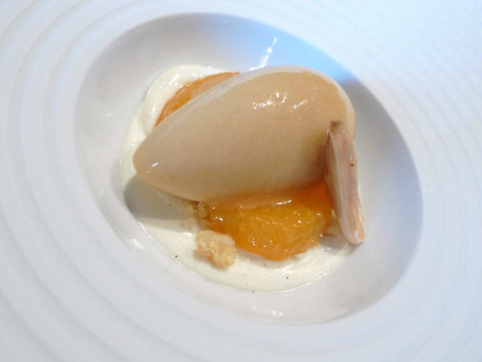 The Feijoa sorbet was presented with Tahitian vanilla panna cotta, satsuma Mandarin oranges, and toasted pili nuts.