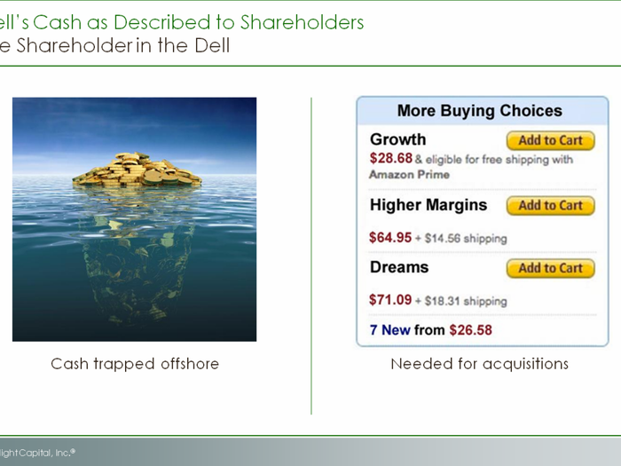 ...Last year, we were large shareholders of Dell.  We were told that foreign cash couldn’t be  repatriated, and that domestic cash needed to be saved for strategic acquisitions, financial flexibility  and tough times. We found their attitude toward capital allocation to be so unappealing that we sold the stock.  We  suspect that we weren’t the only shareholders who were frustrated.  The frustration helped depress  the stock.