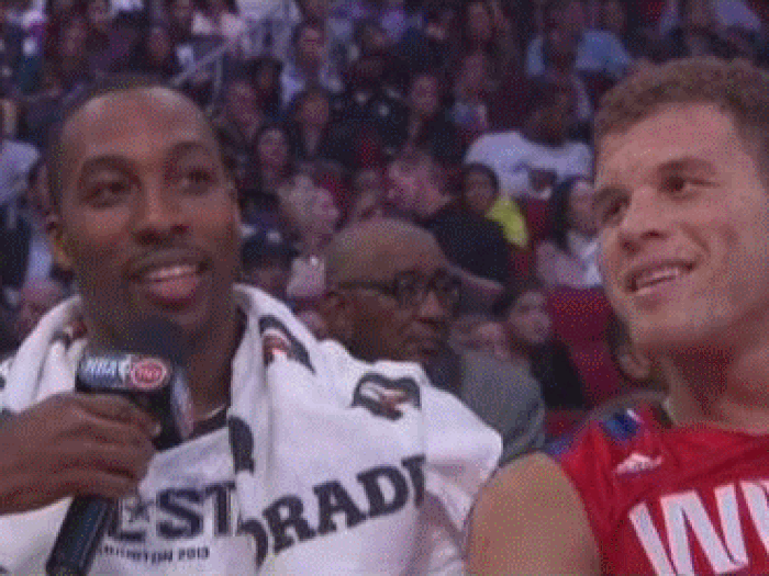 This got even less serious in the second half, Blake Griffin tried to distract Dwight Howard during his interview