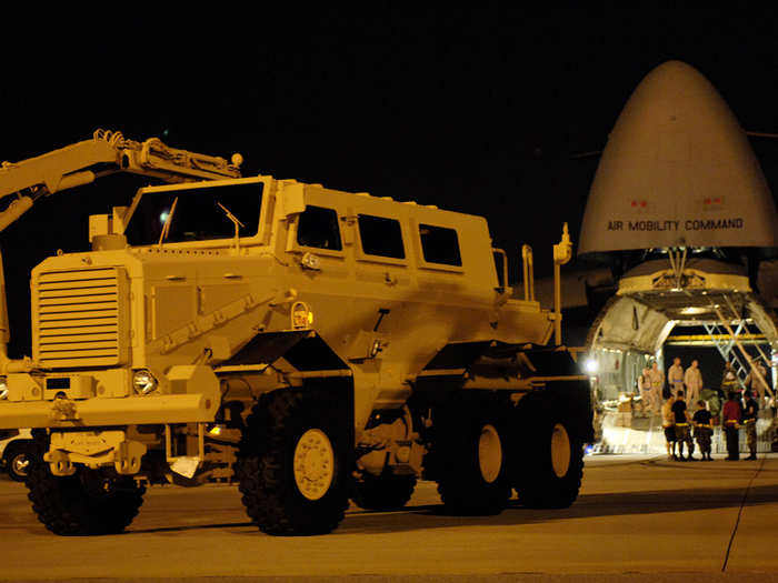 The massive six-wheeled truck weighs 76,000 pounds.