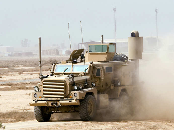 The truck is huge in comparison to a Humvee: almost 10 feet tall, and just under 9 feet wide.