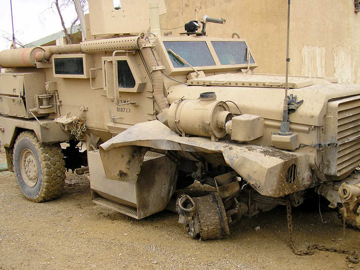 IEDs that would have been deadly, now only become an annoyance. This one hit a mine, had no deaths, and was driven back to base on three wheels.