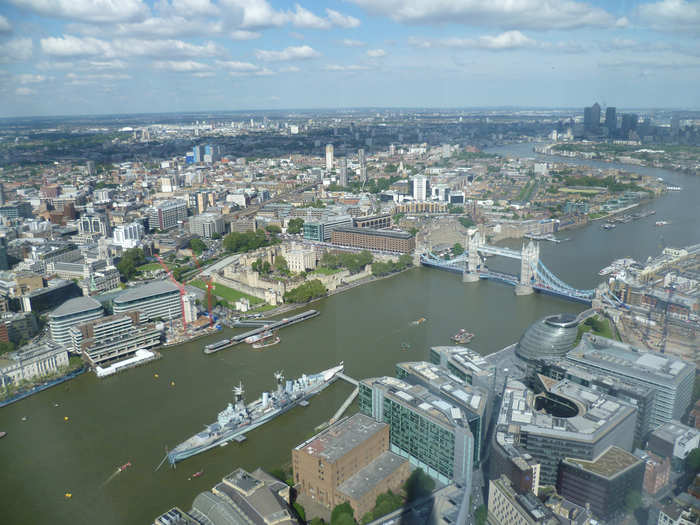 The Shard towers over the city of London at 1,016 ft. From the observation deck (which opened just this week), you can see all of London, including the river Thames and Tower Bridge.