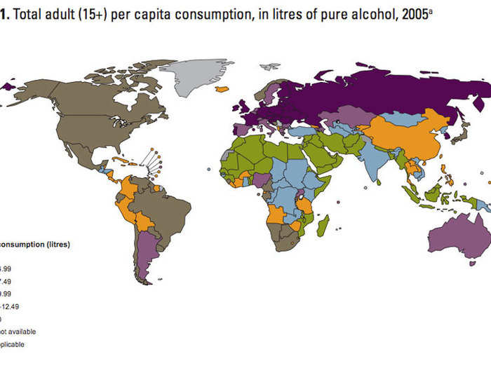 Total alcohol consumption: Russia is hands-down winner, though Australia not far behind.