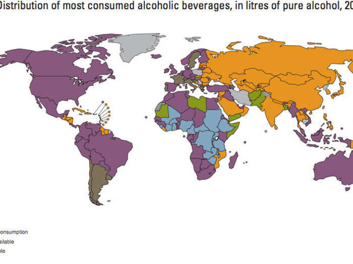 Drink popularity by country: beer in the West, spirits in the East.