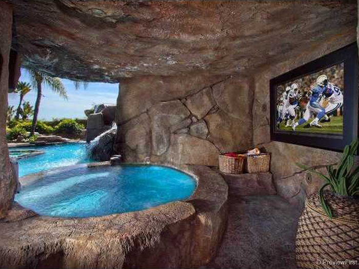 This man cave is like a real cave at this home in Rancho Santa Fe, Calif. Head outdoors to the covered hot tub and soak while you watch the game on a wide-screen TV.