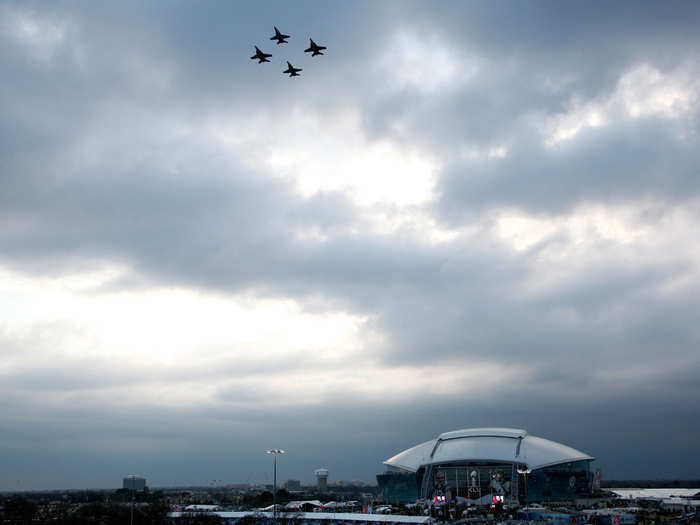 The scene outside Cowboys Stadium during the ceremonial flyover