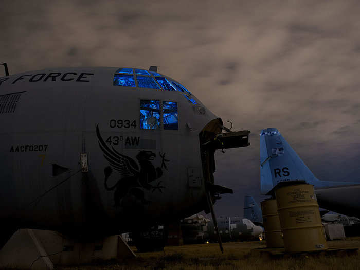 A C-130 from the 43d Air Wing, Pope Air Force Base, N.C., peers deeper into the boneyard.