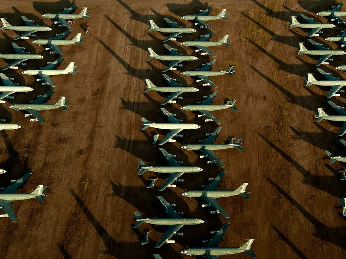 Interminable rows of dismantled KC-135 Stratotanker stretch into the desert. The Air Force still actively fields hundreds of these for refueling purposes.