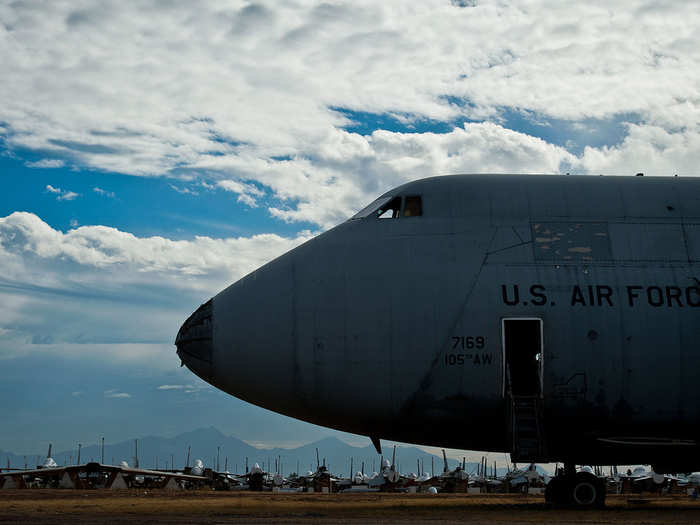 A C-5 Galaxy waits to be broken down and turned into scrap metal — The 309th Aerospace Maintenance and Regeneration Group then sells the scrap metal to other customers.