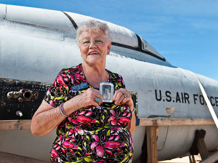 Marilyn Savage, widow of Lt. Col. Robert Savage, joined the Air Force in October of 1951 and was discharged in 1953 as a sergeant. She is a past president of the Society of Military Widows and has been a member of the group for more than 20 years. Her husband piloted the F-84 Thunderjet similar to the one behind Marilyn.