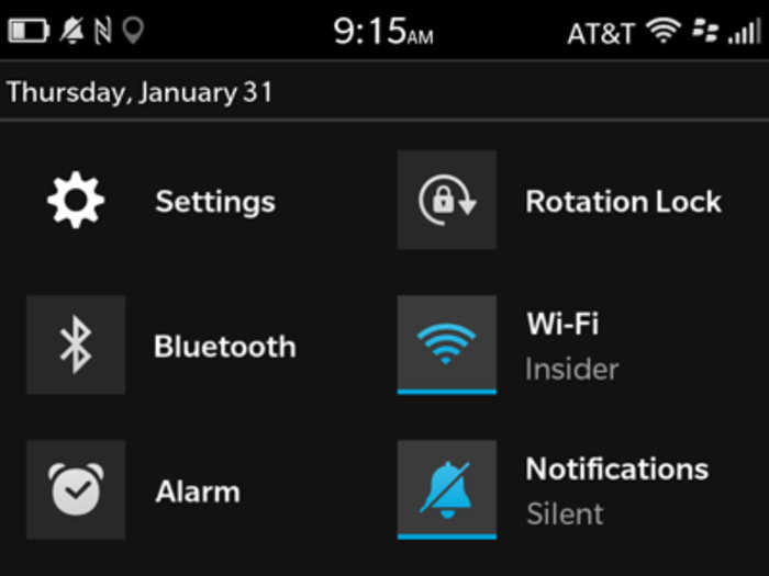 If you swipe down from the top of the screen you get a handy menu of settings to control WiFi, Bluetooth, and your alarm.