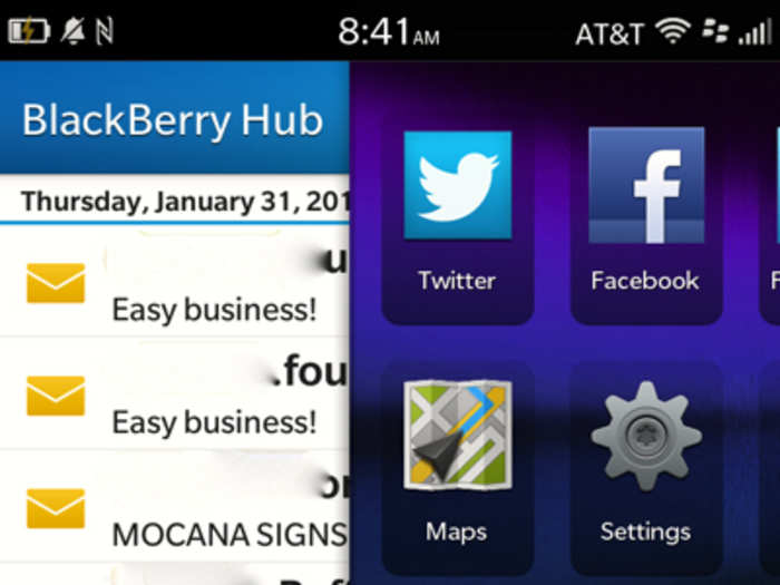 Now for the cool part. BB10 has a new feature called BlackBerry Hub, which is a notifications center that stores all your new emails, Twitter notifications, Facebook updates, etc. You can access the Hub by swiping from left to right.