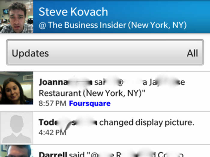 You can see BBM updates such as Foursquare check-ins from the Updates tab.