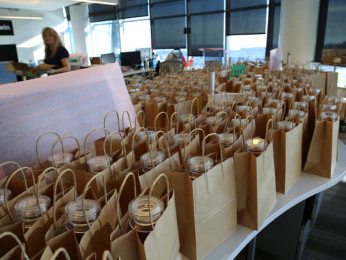 On opening day, all employees got gift bags including water bottles for the water-refill stations around the office.