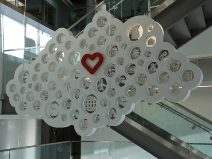 Employees hike stairs all day long instead of using elevators. The SuccessFactors logo adorns the staircase..