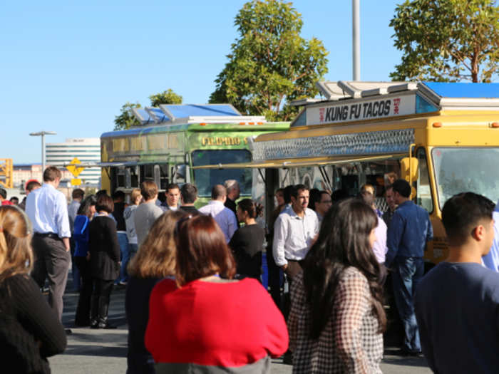 High-fat food is for outside. Gourmet food trucks bring restaurants to employees every day.