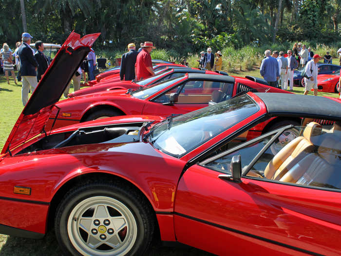 Farther down the field, the cars got more modern. A row of boxy 328 GTS Ferraris, made in the 1980s.