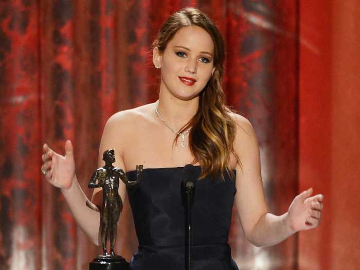 However, no one really seemed to notice. Instead, Lawrence carried on referring to her award as a "naked statue," thanked MTV for helping her break out as an actress, and called Harvey Weinstein a rascal.