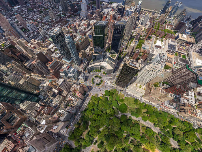 An amazing aerial shot of busy Columbus Circle at 59th Street.