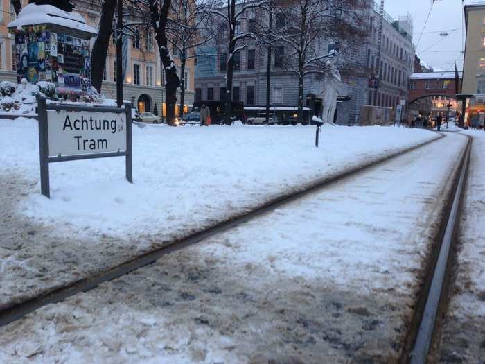 To get to the hotel, you have to cross the Promenade. A helpful sign warns you to "Achtung Tram." And you had really better achtung.