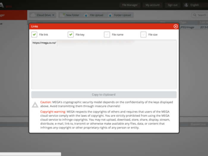 This is the screen that shows up when you share something. Mega says it has gone through great lengths to maintain the confidentiality and security of the custom keys it generates.