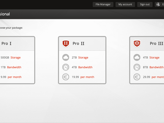 Besides the 50 GB free plan, users have the option to select from three Pro plans. Pro I gets you 500 GB of storage and 1TB of bandwidth for about $13.29 per month. The Pro II is 2 TB of storage and 4 TB of bandwidth for $26.59 per month. The final plan, the Pro III, gets you 4 TB of storage and 8 TB of bandwidth for $39.87 per month.