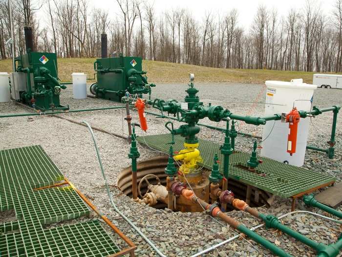 Each well is controlled by two separate gas production units (GPUs) — large green boxes that heat up and separate out the gas. The Cabot producing well site we visited, the Heitzenroder, has two producing wells.