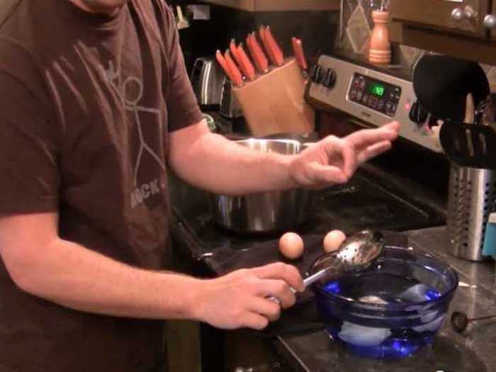 Transfer the egg immediately to a bowl of cold, non-ice water. Ice could damage the egg, but cold water stops the cooking process and keeps the egg