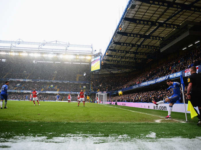 Juan Mata takes a corner in front of a patch of ice