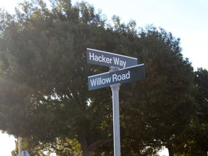 Here we are, at the corner of Willow Road and Hacker Way. (It used to be Network Circle.)
